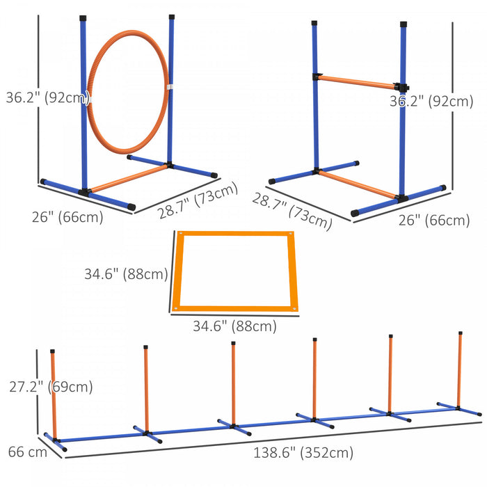 Pawhut Dog Agility Training Equipment, 4 Pieces Dog Obstacle Course Dog Agility Kit with Adjustable Hurdle, Jump Ring, Weave Poles, Whistle, Balls, Pause Box, Carry Bag, Orange