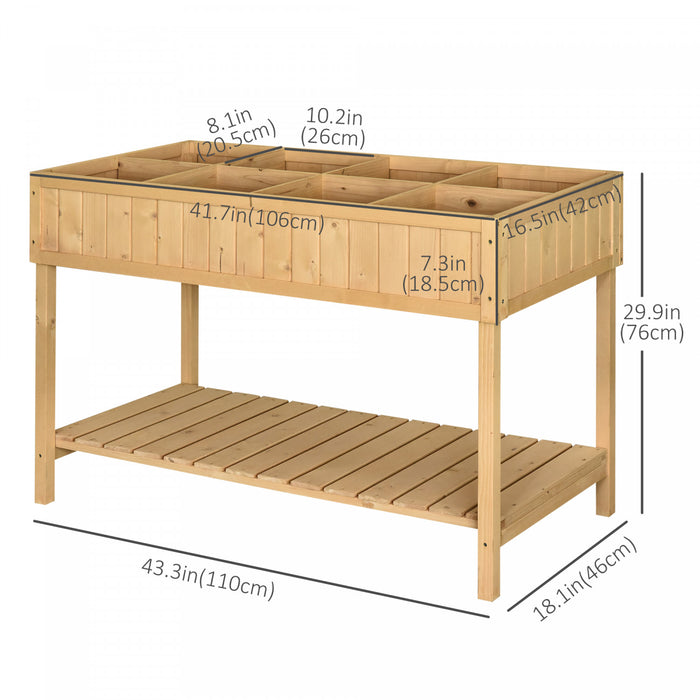 Outsunny 43.25\" X 18\" X 30\" Elevated Wooden Garden Plant Stand Outdoor Raised Natural Flower Bed 8 Grid Box W/ Storage Shelf Yard Herb Planter