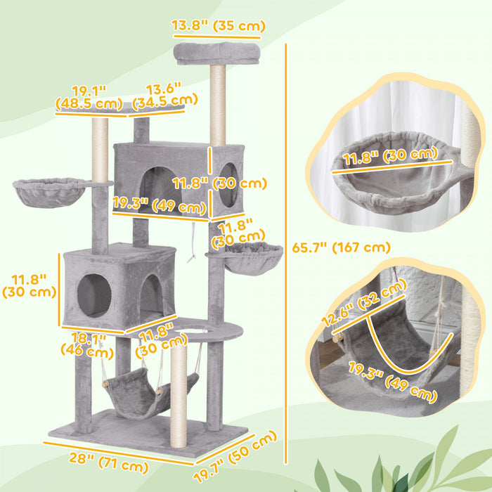 PawHut Cat Tree, 66 Inch Large Cat Tower with 2 Door Condos, 3 Big Hammocks, Plush Top Perch, Sisal Scratching Posts, Multi-level Kitty Tree for Indoor Kittens, Light Grey
