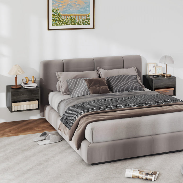 HOMCOM Floating Nightstand Set of 2 with Drawer and Shelf, Grey