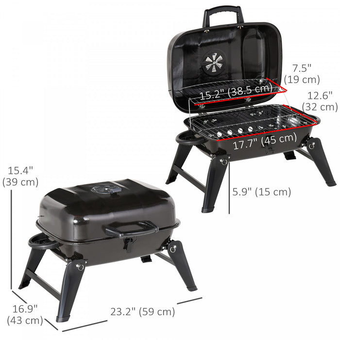 Outsunny 23\" Portable Tabletop Steel Charcoal Grill Foldable Outdoor BBQ Camping Picnic Cooker Barbecue Smoker with Air Vent Black