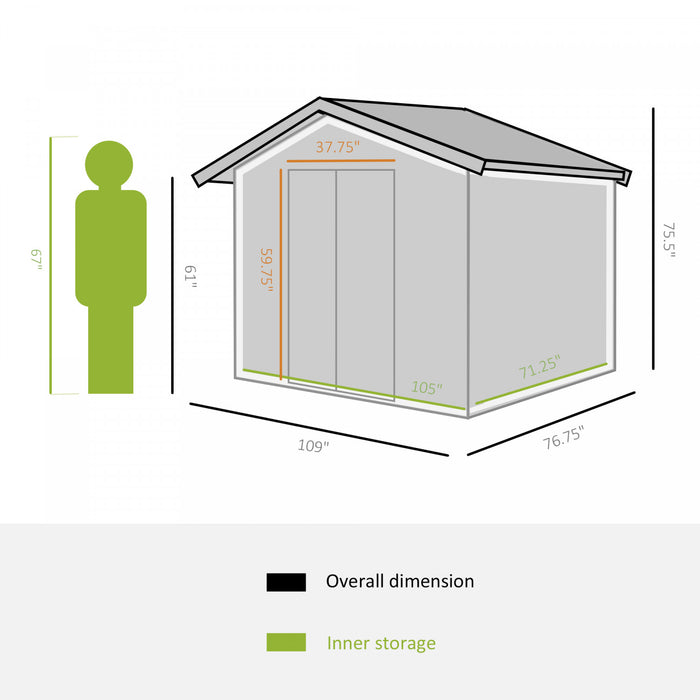 Outsunny 9' X 6' Garden Storage Shed With Floor Foundation, Metal Tool Storage House With Double Doors For Outdoor Patio Yard, Green