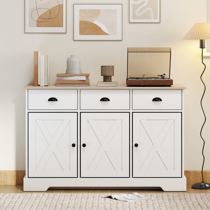 HOMCOM 46.5\" Sideboard Buffet Cabinet with 3 Barn Doors and 3 Drawers White
