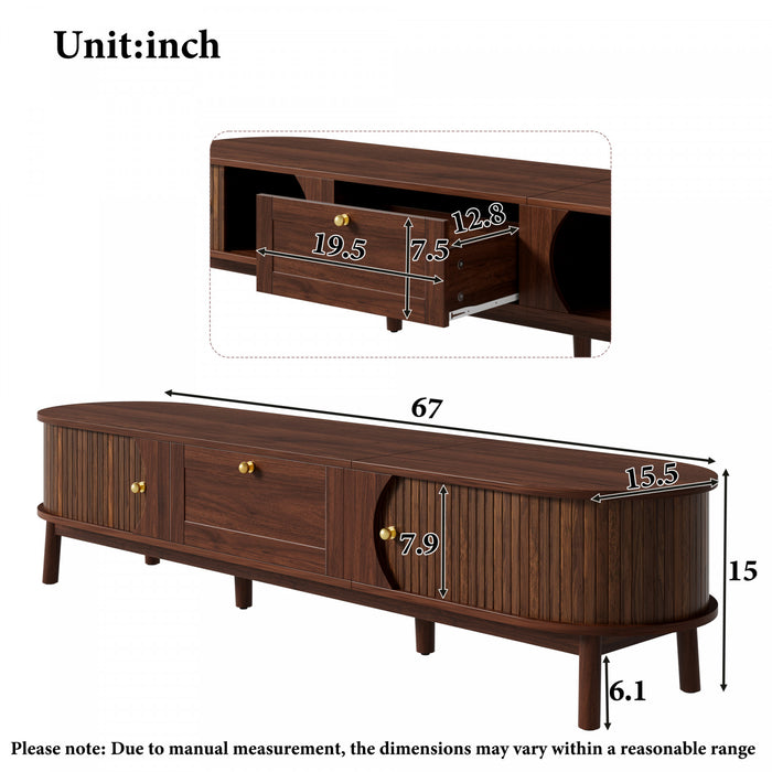 Oakmere 67 Inch Modern TV Stand with Drawer and Sliding Doors, Walnut