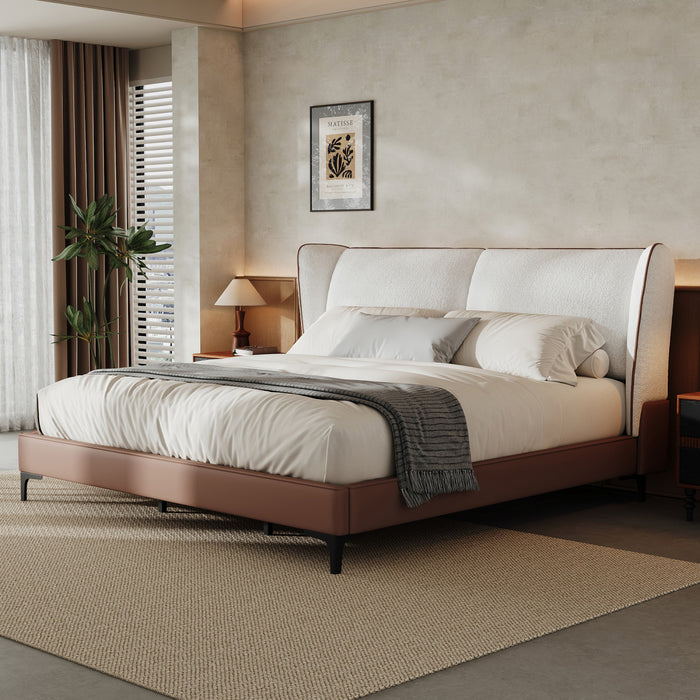 Ava Teddy Fleece Platform Bed with Wingback Headboard and Faux Upholstered, King Size, White King Bed