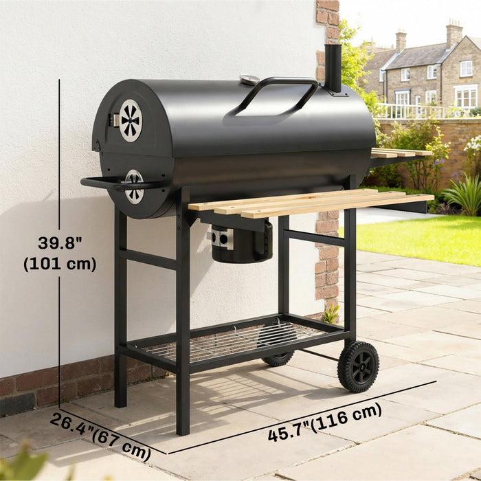 Outsunny Charcoal BBQ Grill with Foldable Shelves, Barbecue Grill with Warming Rack, Lid Thermometer, Wheels for Outdoor Cooking, Patio Backyard Party, Natural Wood and Black