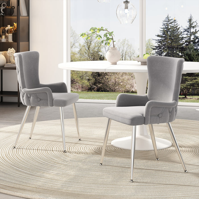 Luna Velvet Dining Chairs with Tufted Upholstered and Gold Metal Legs Set of 2, Grey