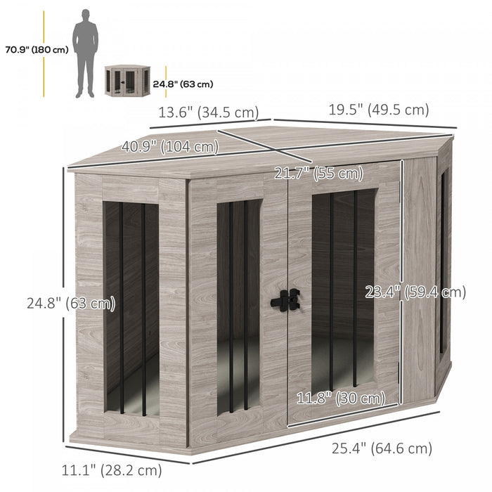 Pawhut 41\" Dog Crate Furniture, Corner Dog Crate End Table For Medium And Small Dogs, Indoor Dog Cage With Cushion, Door, Lock, Walnut Brown
