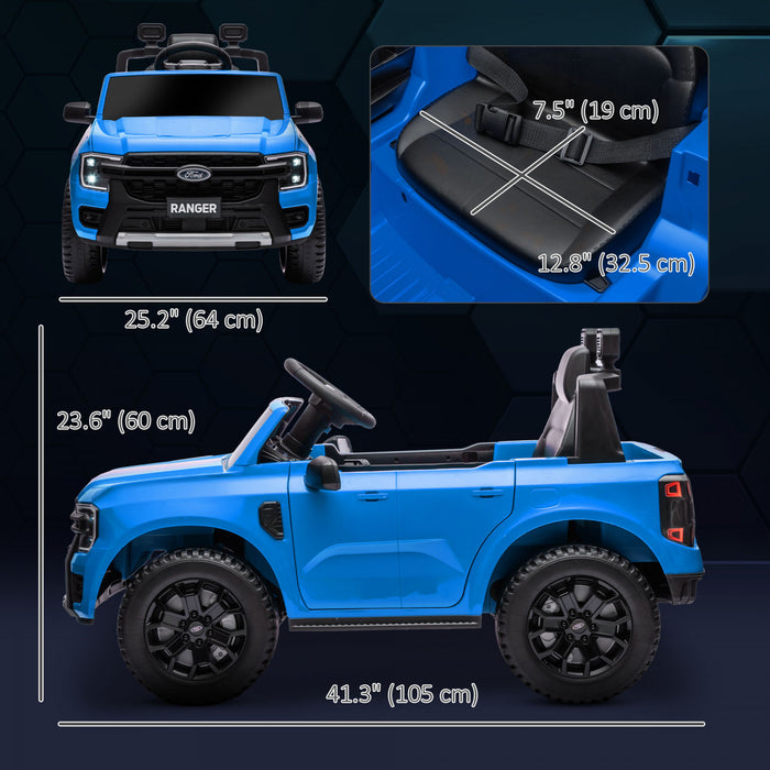 Qaba Ford Ranger Licensed 12v Powered Ride-On Car With Rear Storage, Battery Powered Kids Electric Car Truck With Remote Control, Spring Suspension, Headlights, Music Horn, Blue