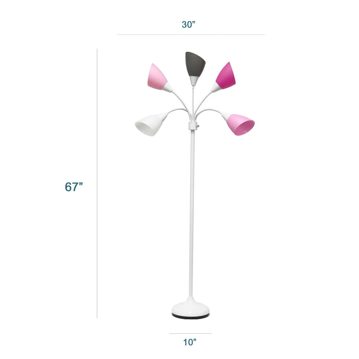 Skye 5 Light Adjustable Gooseneck Floor Lamp, White, Pink, & Smokey Gray, 67\"H