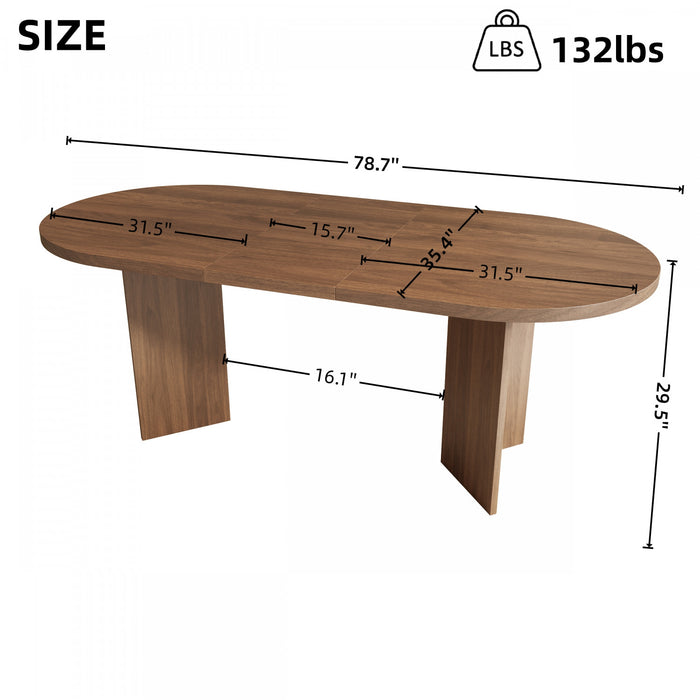 Ovalux 79 Inch Modern Oval Dining Table with Dual Pedestal Base and Wood Finish, Walnut