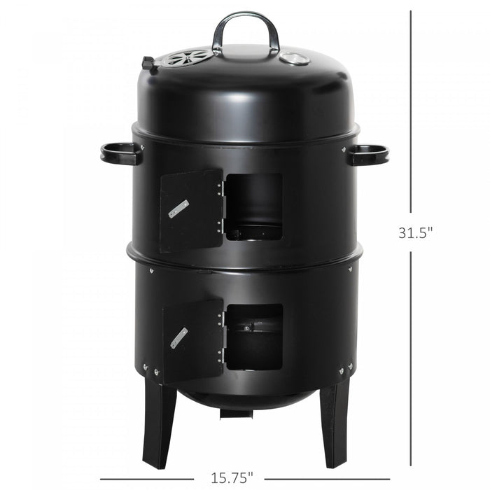 Outsunny Vertical Charcoal BBQ Smoker, 3-in-1 16\" Round Barbecue Grill with 2 Cooking Area and Thermometer for Outdoor Camping Picnic Cooking, Black