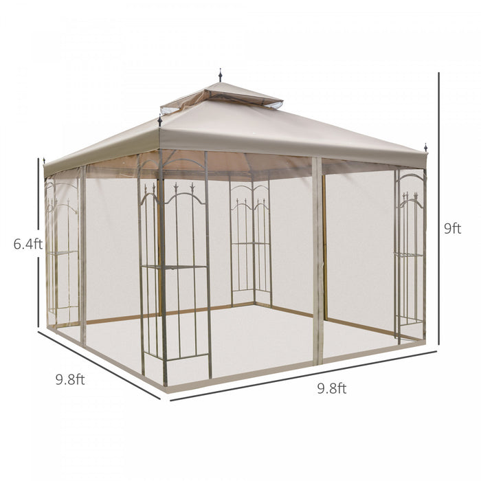 Outsunny 10' X 10' Steel Outdoor Patio Gazebo Canopy With Removable Mesh Curtains, Display Shelves, & Steel Frame, Brown