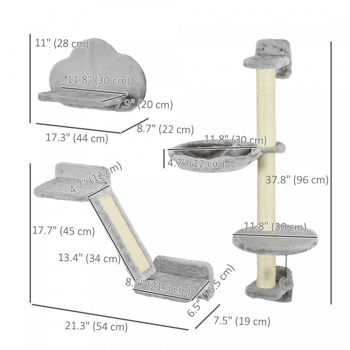 Pawhut 3pcs Cat Wall Shelf With Scratching Posts, Hammock, Ramp, Platforms, Cat Shelves For Relaxing, Sleeping, Jumping, Cat Wall Climber For Indoor Cats, Grey