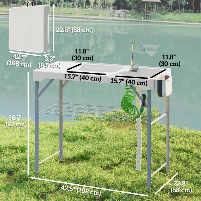 Outsunny Folding Fish Cleaning Table Camping Table With Sinks Faucet, White