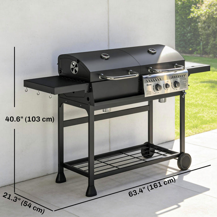 Outsunny Dual Fuel BBQ Grill, Charcoal and 2+1 Gas Burner Barbecue Grill with Wheels, Warming Rack, Shelves, Thermometer, Bottle Opener, Outdoor Barbeque for Backyard Patio, Black