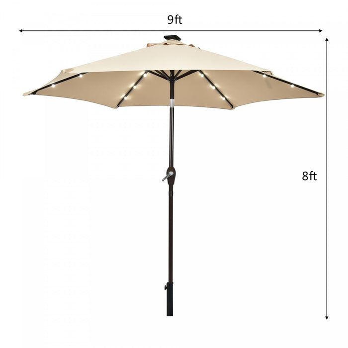 Costway 9' Solar LED Lighted Patio Market Umbrella Tilt Adjustment Crank Lift Beige