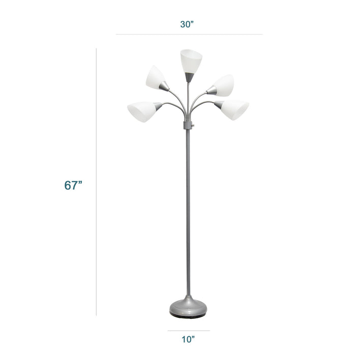 Skye 5 Light Adjustable Gooseneck Floor Lamp, Silver & White, 67\"H