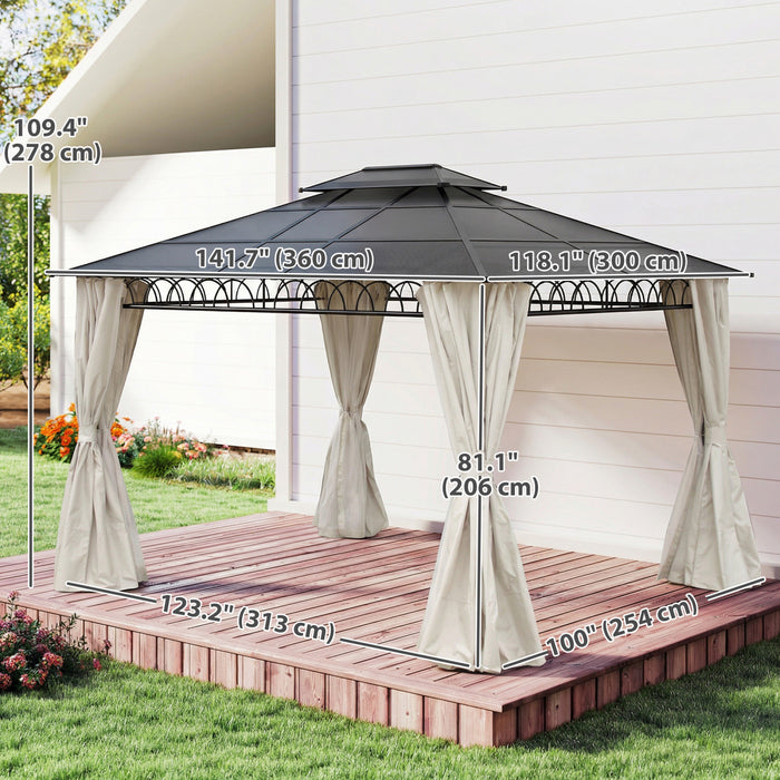 Outsunny 10' x 12' Double Roof Hardtop Gazebo with Curtains, Beige