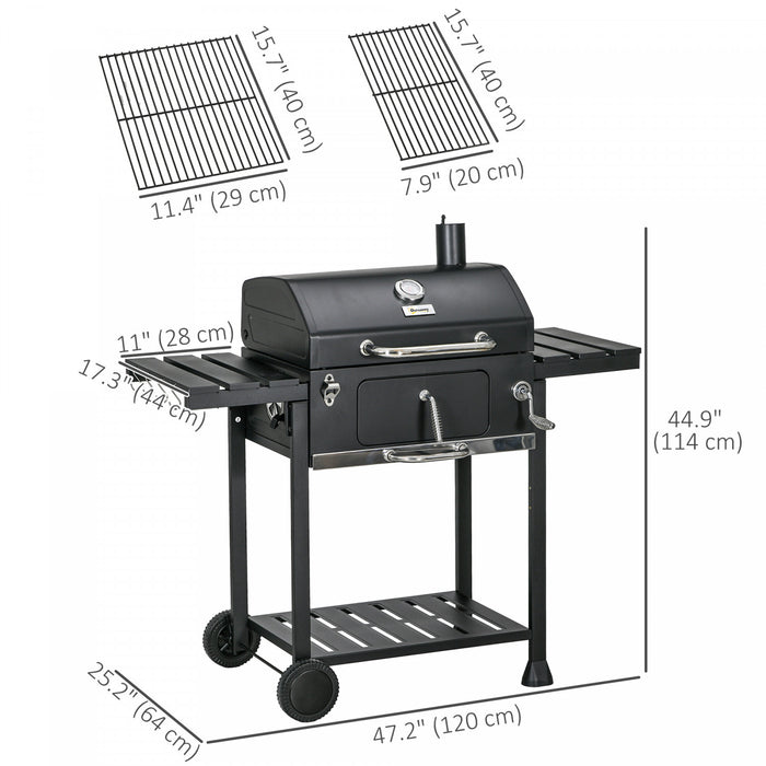 Outsunny Charcoal BBQ Grill Trolley with Adjustable Charcoal Pan, Barbecue Grill Smoker with Storage Shelves, Lid, Thermometer, Bottle Opener and Wheels, Galvanised Steel