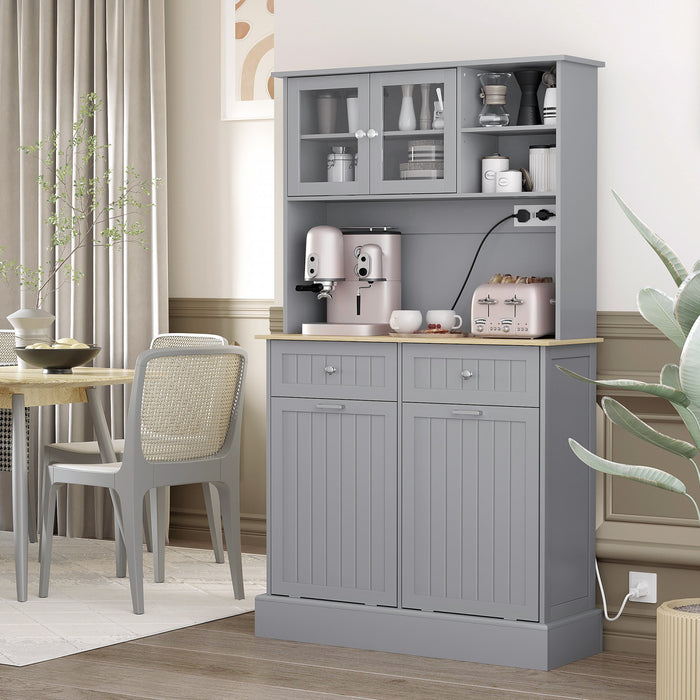 HOMCOM Kitchen Pantry Cabinet, Storage Cabinet w/ Charging Station, Grey