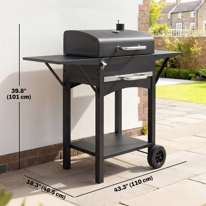 Outsunny Charcoal BBQ Grill with 2 Shelves, Barbecue Grill with Warming Rack, Lid Thermometer, Wheels for Outdoor Cooking, Patio Backyard Party, Black