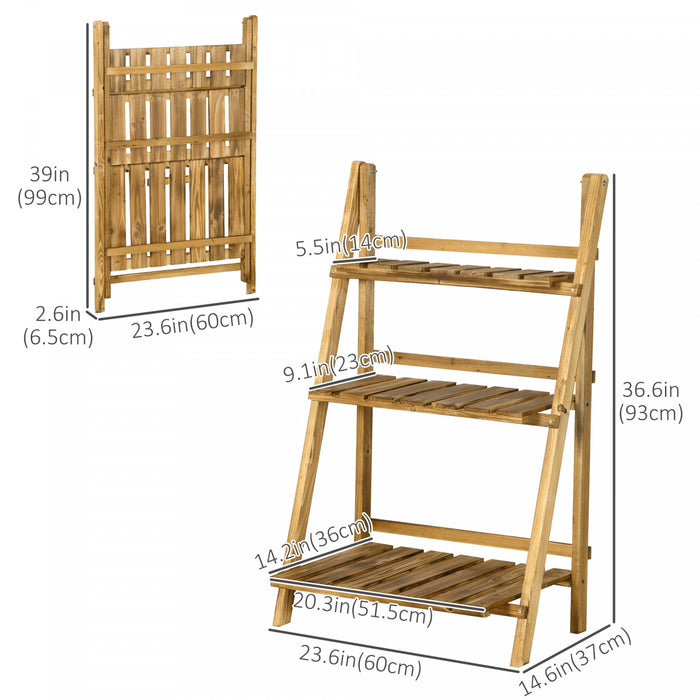 Outsunny Outdoor Plant Stand, Foldable Flower Stand 3-tier Wooden Plant Shelf For Garden Indoor Outdoor, 24\" X 14\" X 37\"