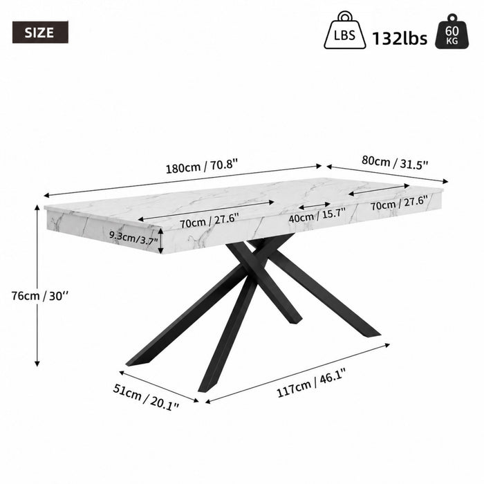 FlexDine 55-71 Inch Rectangular Extendable Dining Table with Cross Legs and Marble Effect Finish, White Marble