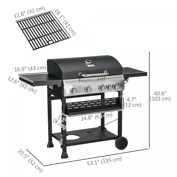 Outsunny Propane Gas Grill with 4 Main Burners, 1 Side Burner, 40,000 BTU Outdoor BBQ Grill Cart with Wheels, Warming Rack, Shelves, Thermometer, Bottle Opener, Black