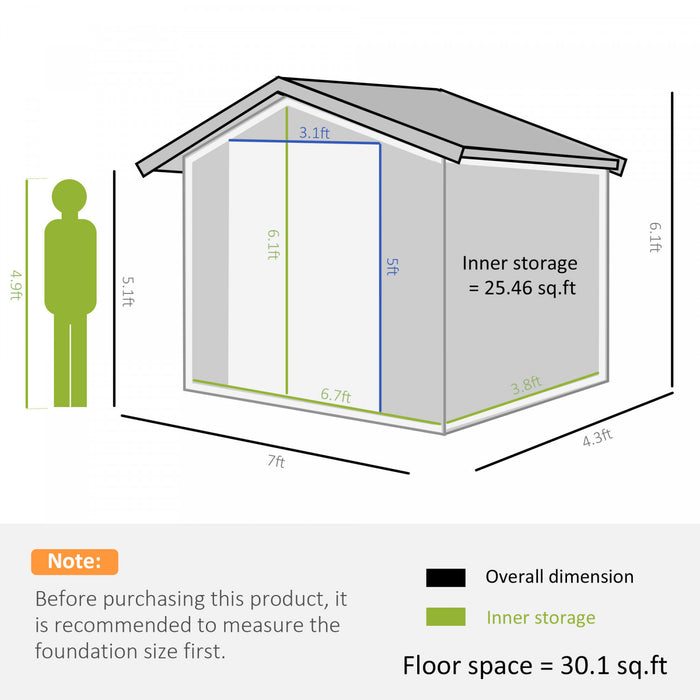 Outsunny 7' X 4' X 6' Garden Storage Shed Outdoor Patio Yard Metal Tool Storage House W/ Steel Floor Foundation And Double Doors Dark Grey