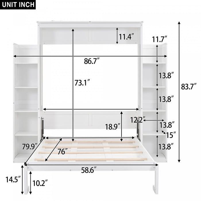 Aiden Murphy Bed with Shelves and LED Lights,Full Size,White Full Bed