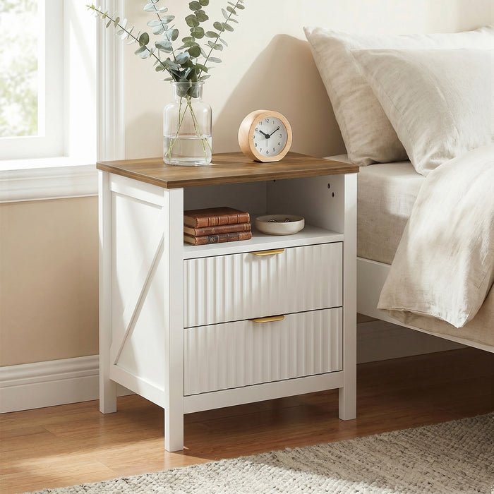 HOMCOM Nightstand Bedside Table with Shelf, 2 Drawers, White and Walnut