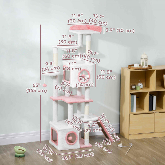 PawHut Cat Tree for Indoor Large Adult Cats, 65 Inch Kitty Tower Multi-Level with 2 Doors Condos, Plush Top Perch, Hammock, Sisal Scratching Posts, 4 Pompoms, Ramp, White