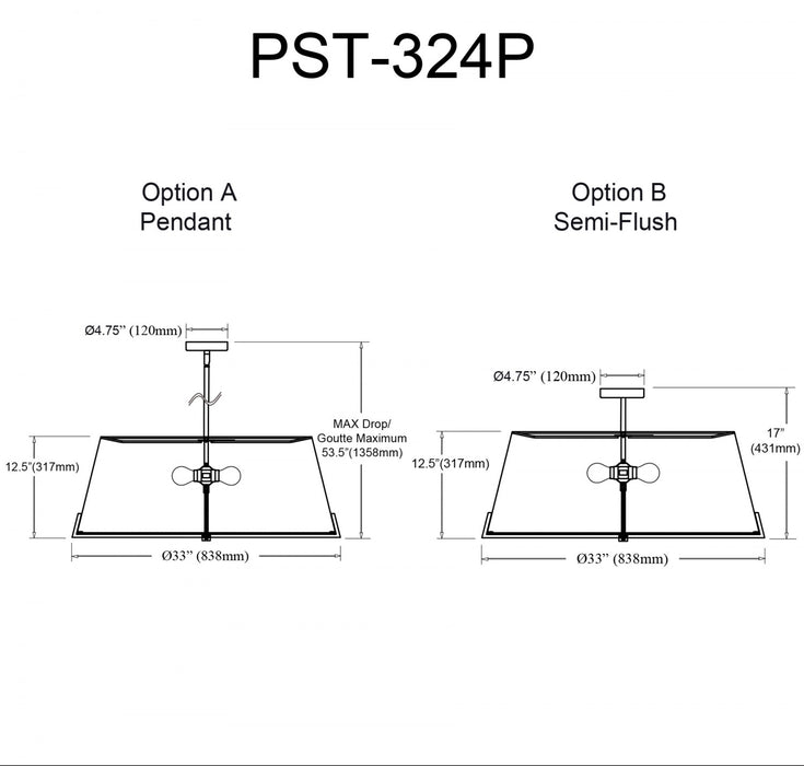Dainolite Preston 4 Light Pendant 33\" Dia Matte Black Grey Fabric Shade Lamp