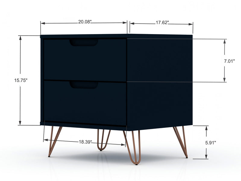 Rockefeller Mid-Century Modern 20\" Nightstand in Midnight Blue (2-Drawer) - Set of 2