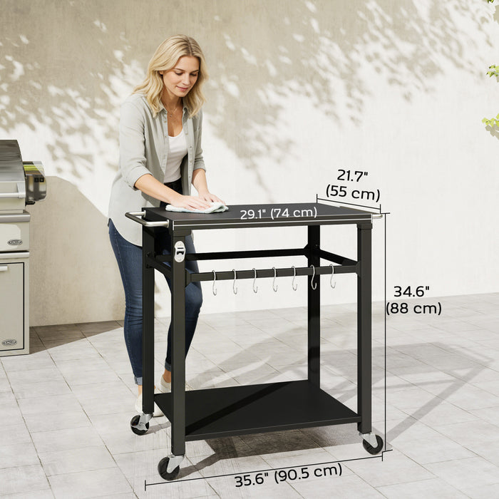 Outsunny Outdoor Grill Cart, Pizza Oven Stand with Steel Top, 2-Tier Rolling Kitchen Prep Station with Hooks, Handle, Lockable Wheels for Patio Garden, Black