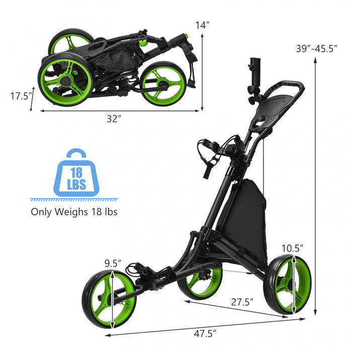 Goplus Folding 3 Wheels Golf Push Cart W/bag Scoreboard Adjustable Handle Green