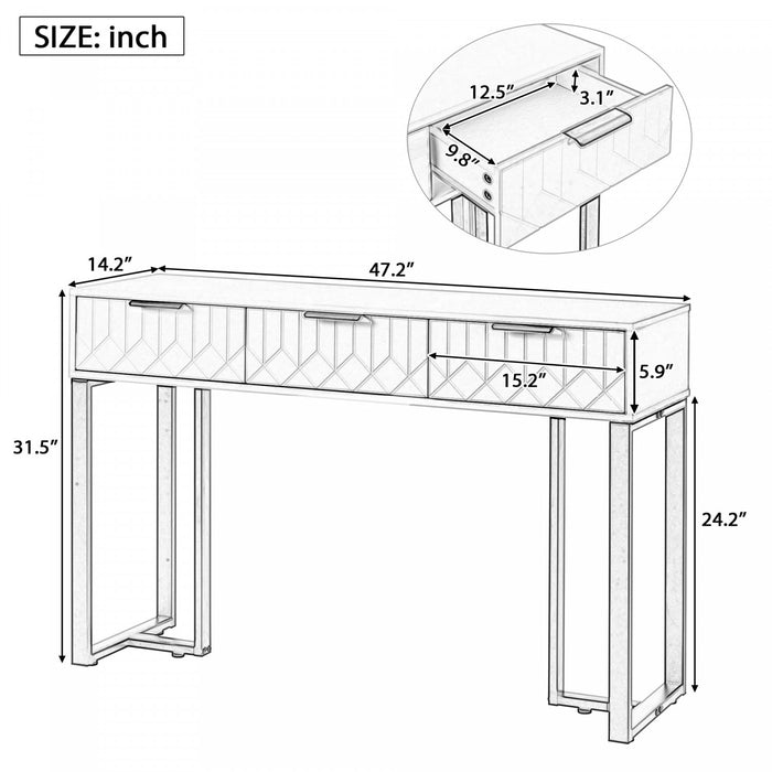 Horizon Modern Console Table with Geometric Drawers and Gold Frame, White/Black