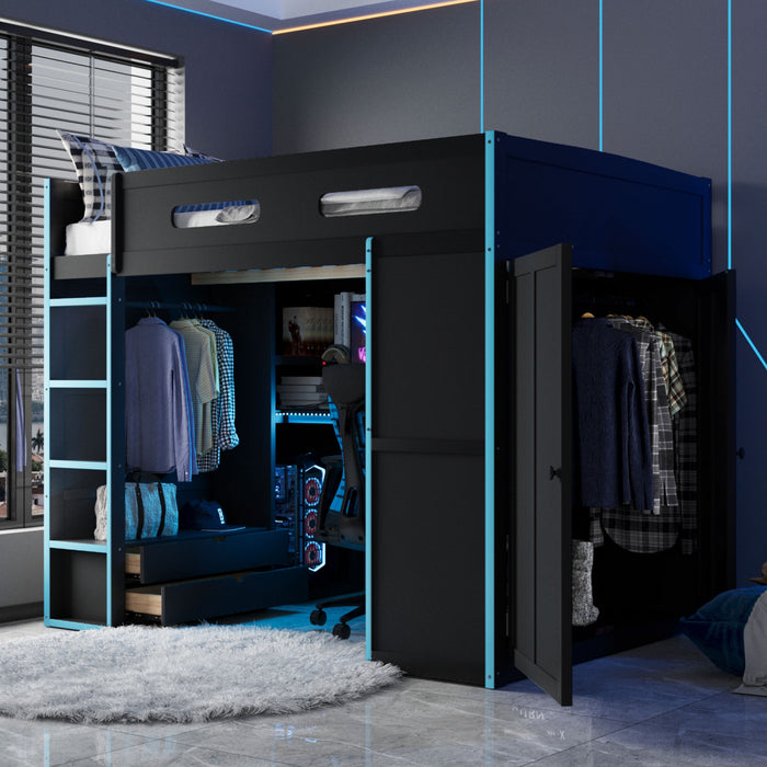 Jerry Wood Loft Bed with Desk and Storage,Full Size,Blue Full Bed