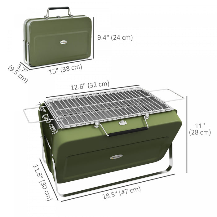 Outsunny Portable Mini Charcoal Barbecue Grill with Suitcase Shell, Outdoor Folding Tabletop BBQ Grill for Garden Camping Picnic Party, Green