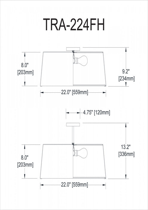 Dainolite Trapezoid 4 Light Flush Mount Tapered Drum Shaped Gold/White Shade White Fabric Diffuser Lamp