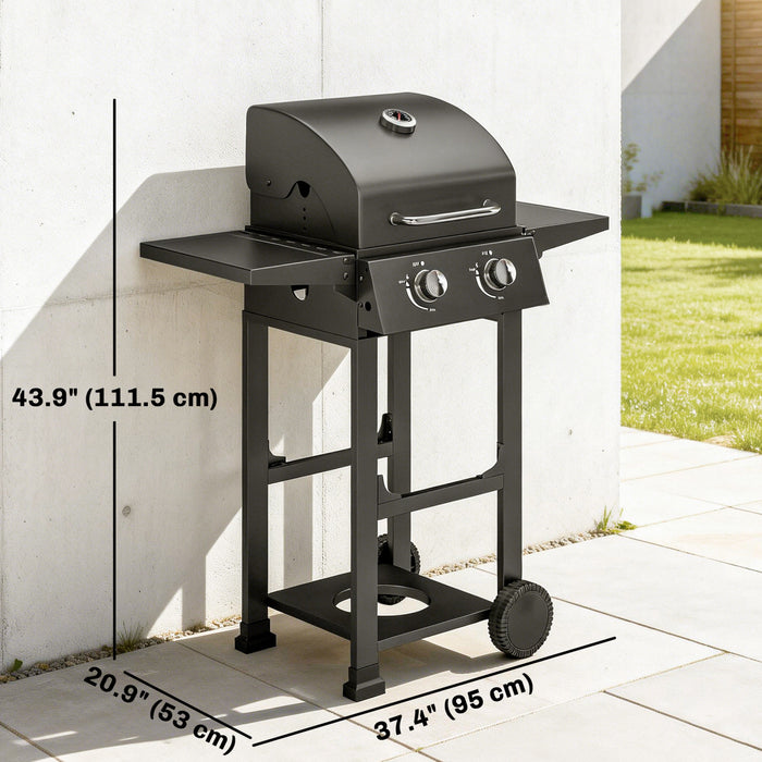 Outsunny 2 Burner Propane Gas Grill, 18,400 BTU Portable Natural Gas BBQ with Foldable Side Shelves, Wheels, Bottom Storage, Built-in Thermometer, Warming Rack, Black