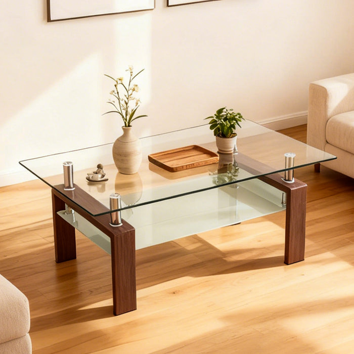 Liam Modern Rectangle Clear Tempered Glass Coffee Table,Walnut