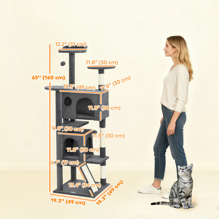 PawHut 63\" Cat Tree, Cat Tower for Indoor Cats with Scratching Posts, Cat Condos, Bed, Platforms, Ramp, Toy Ball, Cat Activity Center, Dark Grey