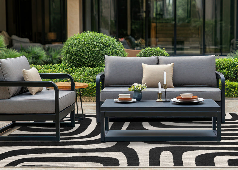 Jackson Black White Abstract Lines Outdoor Rug, 5'3\" x 7'7\" Outdoor Area Rug