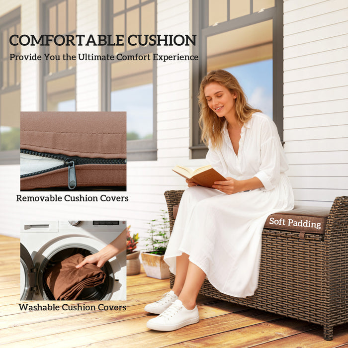 Outsunny 2-In-1 Patio Wicker Storage Bench 29 Gallon Storage Box Tan