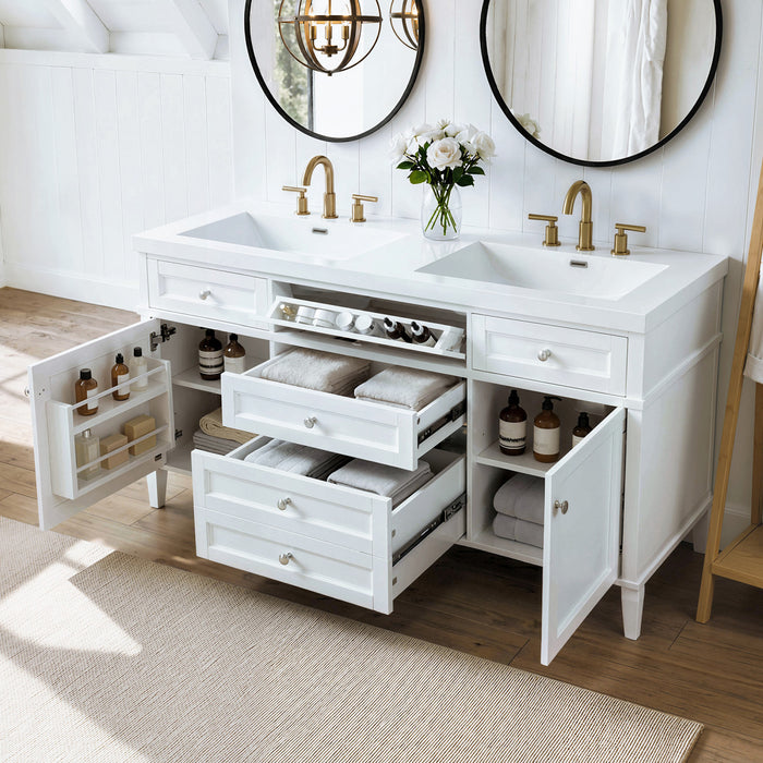 Haven 59 Inch Double Sink Bathroom Vanity with Resin Sinks and 3 Drawers, White