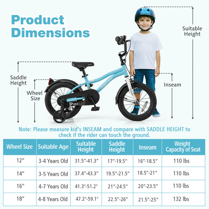 Costway 14\" Kids Bike For 3-5 Years Old Boys & Girls With Adjustable Seat Handbrake Reflectors Blue