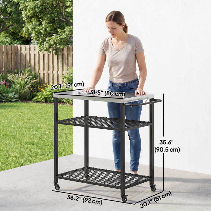 Outsunny Outdoor Grill Cart with Stainless Steel Tabletop, Movable Food Prep Table on Wheels, Two-Shelf Pizza Oven Stand, BBQ Stand for Kitchen Prep, Black