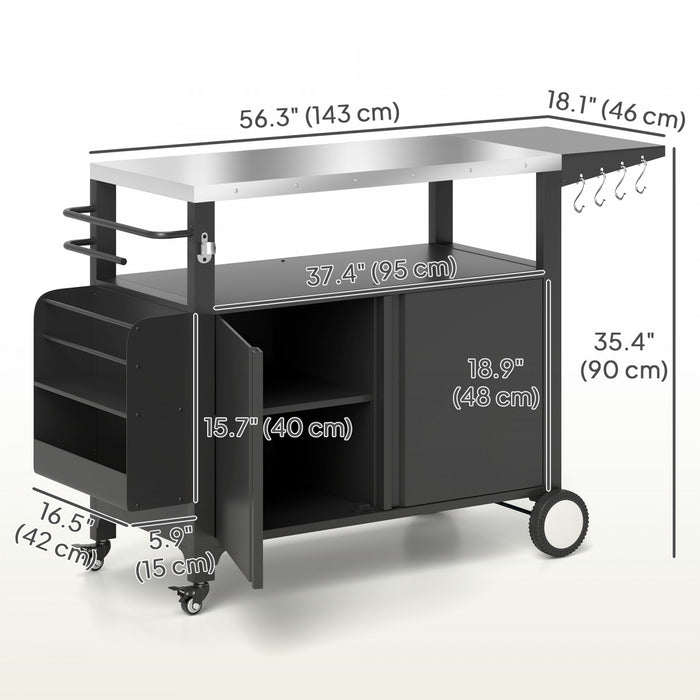 Outsunny Outdoor Grill Cart with Foldable Side Table, 37.8\" x 18.1\" Pizza Oven Stand with Stainless Steel Tabletop, Storage & Towel Rack, Hooks, Movable Food Prep Table on Wheels